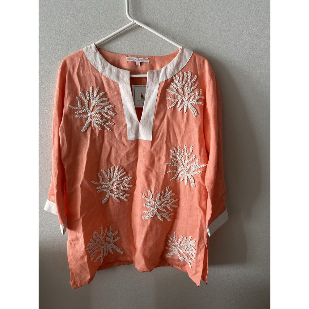 Barbara Gerwit Small Coral 100% Linen Tunic Top Hand Embroidered Resort Beach